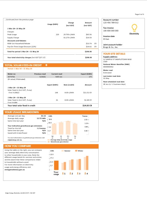 Australia New South Wales (NSW) Origin electricity business utility bill template in Word and PDF forma 3pages PSD template
